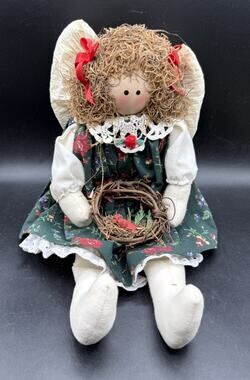 Country Christmas Rag Doll Angel Shelf Sitter Holding Cardinal Wreath C36